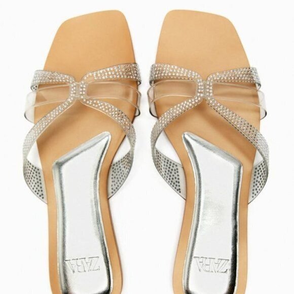 ZARA FLAT VINYL SLIDER SANDALS WITH RHINESTONES CLEAR SIZE 6 | 3656/110 - Picture 4 of 4